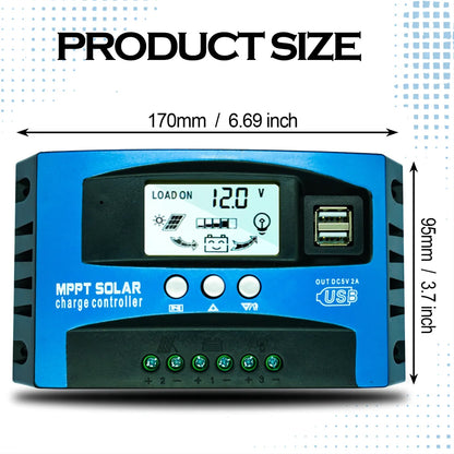 Controlador Carga Solar MPPT 30A-100A 12V/24V Dual USB LCD Regulador con Carga Panel Batería