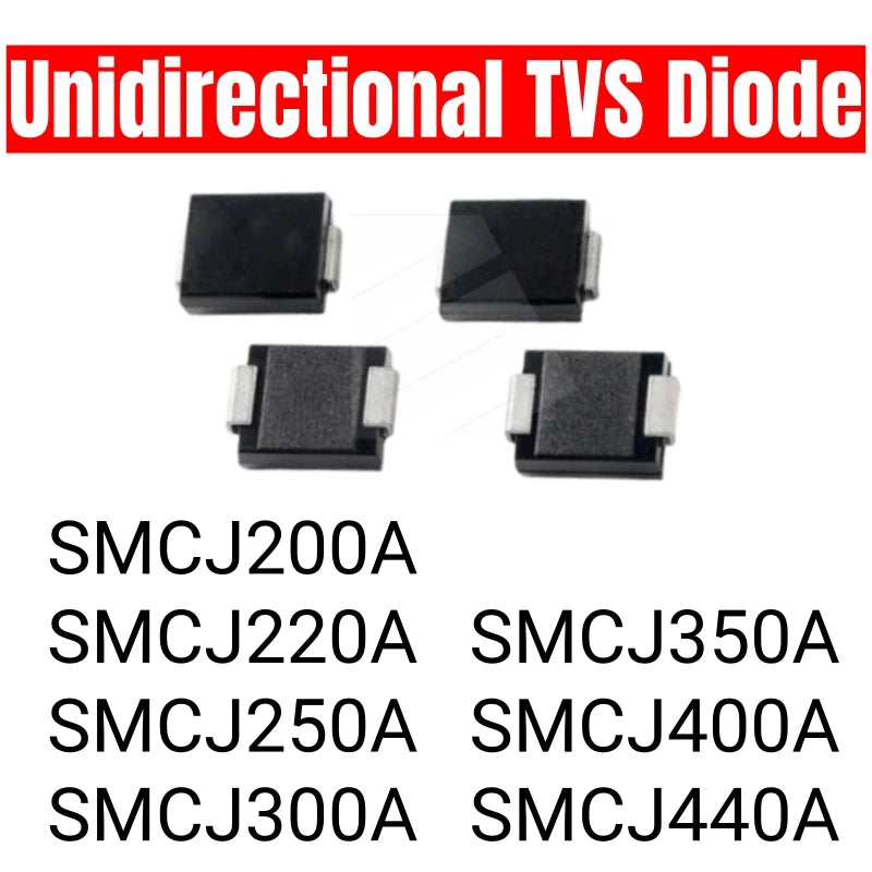 Diodo TVS Unidireccional SMD SMCJ - Varios Voltajes (200A a 440A) SMC/DO-214AB - Lote 20 Piezas