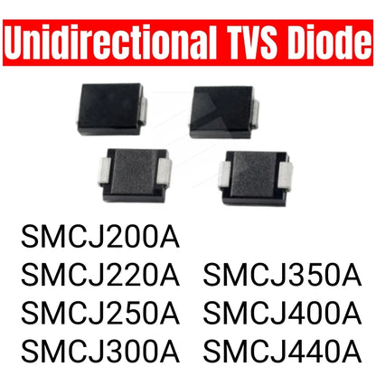 Diodo TVS Unidireccional SMD SMCJ - Varios Voltajes (200A a 440A) SMC/DO-214AB - Lote 20 Piezas