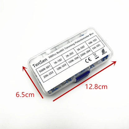 100Pcs/Box RM065 Carbon Film Horizontal Trimpot Potentiometer Assortment Kit 10 Values Variable Resistor 500R 1K 2K 5K 10K -1M