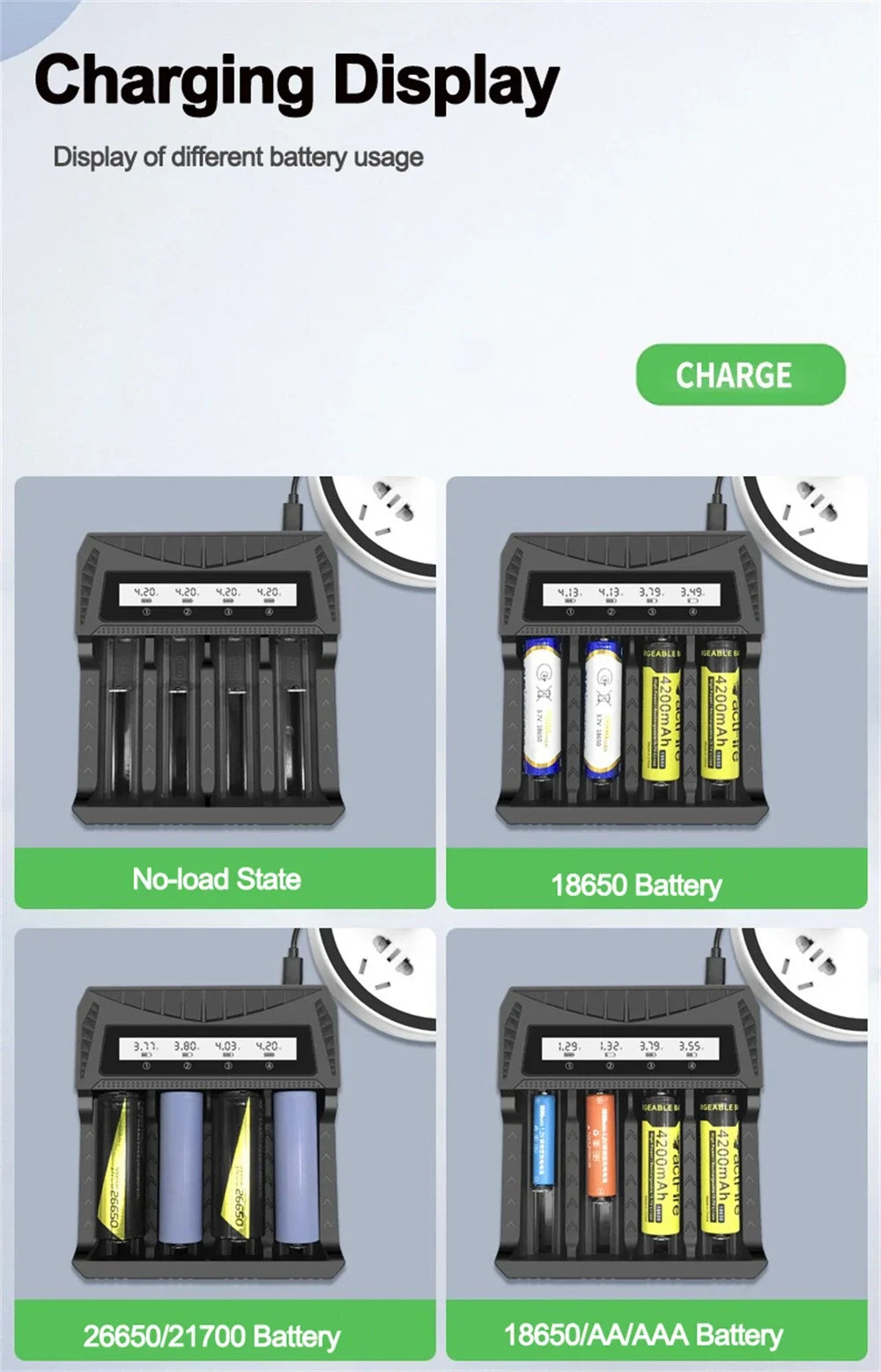 Cargador USB Inteligente Baterías LCD (1/2/4 Ranuras) para Litio Recargable 18650 (4.2V) / Ni-MH AA/AAA (1.2V)