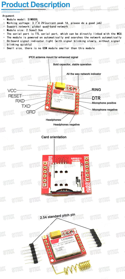 Módulo GSM/GPRS SIM800L (Micro SIM, Quad-Band, Puerto Serial TTL) con Antena PCB para Arduino