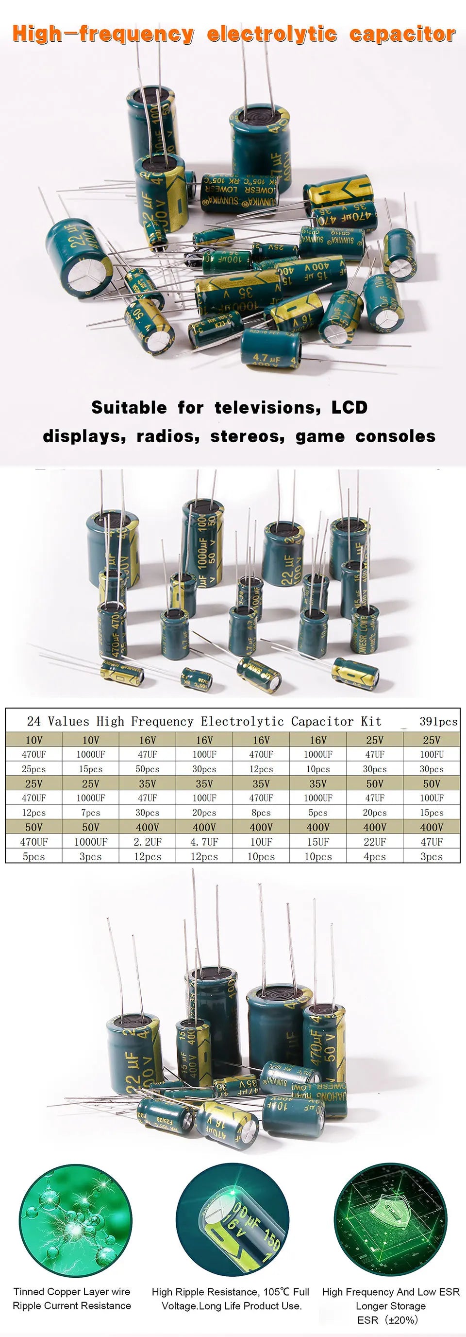 Kit Surtido Capacitores Electrolíticos Alta Frecuencia (10V-400V, 10uF-1000uF)