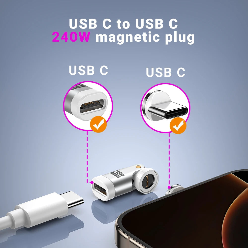 Adaptador Magnético AUFU USB-C Hembra a Tipo C Macho 9 Pines (240W Carga Rápida) Convertidor para iPhone 15/16/Laptop/Macbook/Samsung