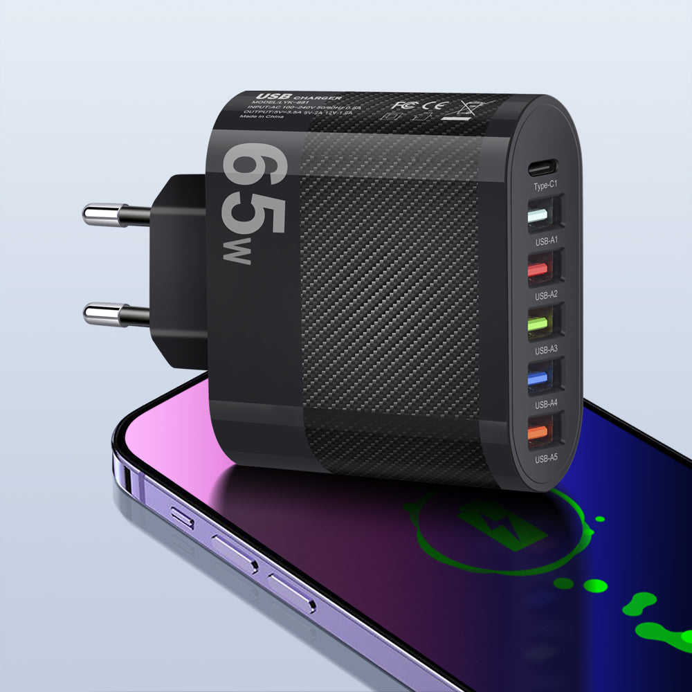 Cargador Pared USB Múltiple 6 Puertos 65W Carga Rápida Alta Velocidad (PD, QC 3.0) Adaptador Móvil para Huawei Mate 60/Xiaomi 13