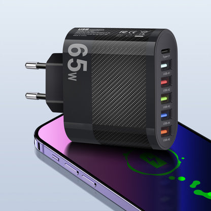 Cargador Pared USB Múltiple 6 Puertos 65W Carga Rápida Alta Velocidad (PD, QC 3.0) Adaptador Móvil para Huawei Mate 60/Xiaomi 13