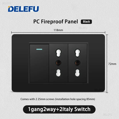 Enchufe Pared Delefu Italia/Chile PC Negro USB-C Carga Rápida + Schuko + Switch Smart Tuya WiFi + SAT/TV/TEL/Timbre