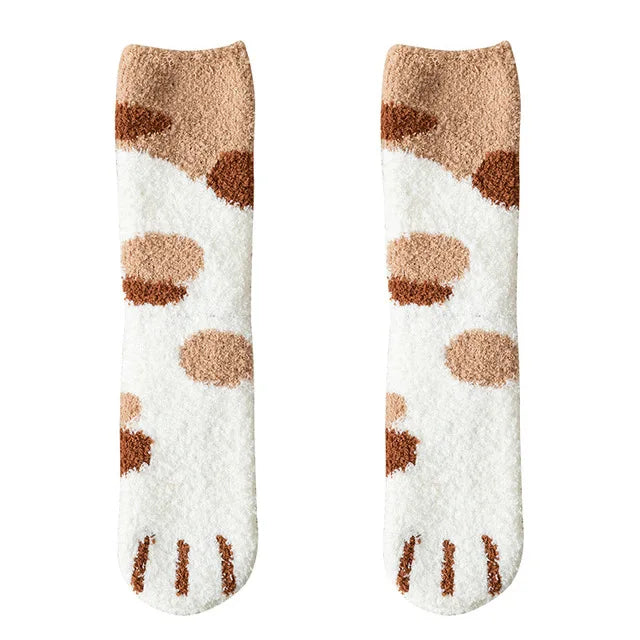 Calcetines Blancos Mujer Felpa Cálidos Diseño Kawaii Cartoon Patita Gato/Perro 3D Divertidos para Casa/Dormir