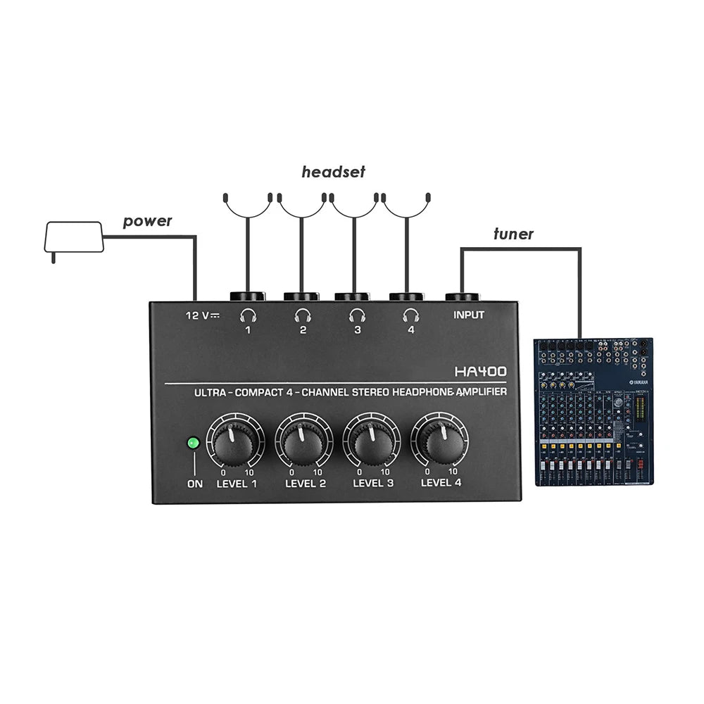 Mini Amplificador Audio Estéreo 4 Canales HA400 Ultra Compacto para Audífonos con Adaptador EU/US (Mezclador Música/Grabación)