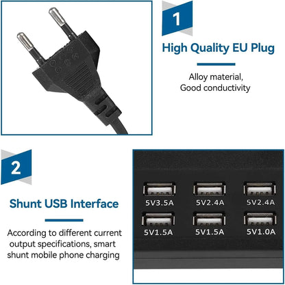Estación Carga USB Escritorio 12 Puertos Hub Múltiple Adaptador para Teléfono Móvil/Dispositivos USB