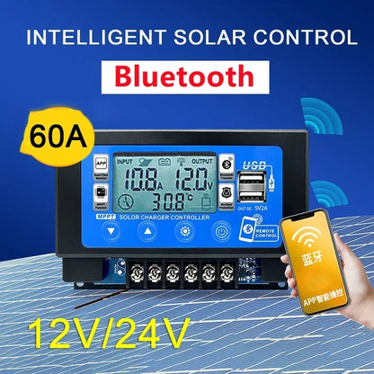 Controlador Carga Solar MPPT 30A/60A 12V/24V LCD Display Bluetooth/WiFi Snap-On Almacenamiento Energía