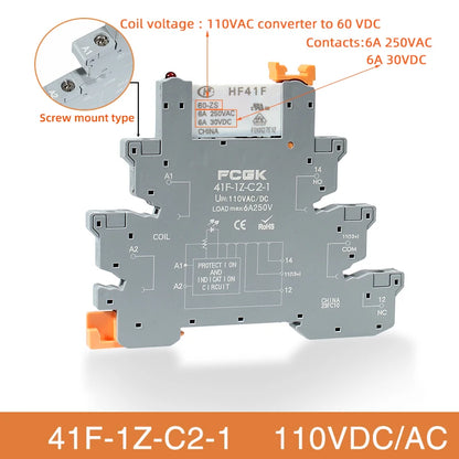 Módulo Relé Delgado DIN Rail 41F-1Z-C4-1 PCB con Socket Holder 12V/24V AC/DC / 220V AC 6.2mm