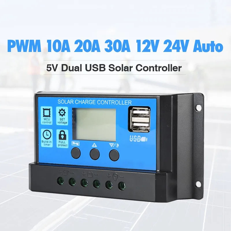 Controlador Carga Solar PWM 10A 12V/24V Control Luz/Tiempo Auto Dual USB LCD