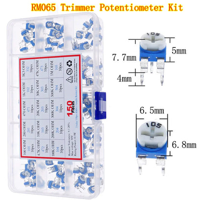Kit Surtido Potenciómetros Trimmer Multivuelta (RM063/RM065, 3296W/X, etc.) 100Ω-1MΩ