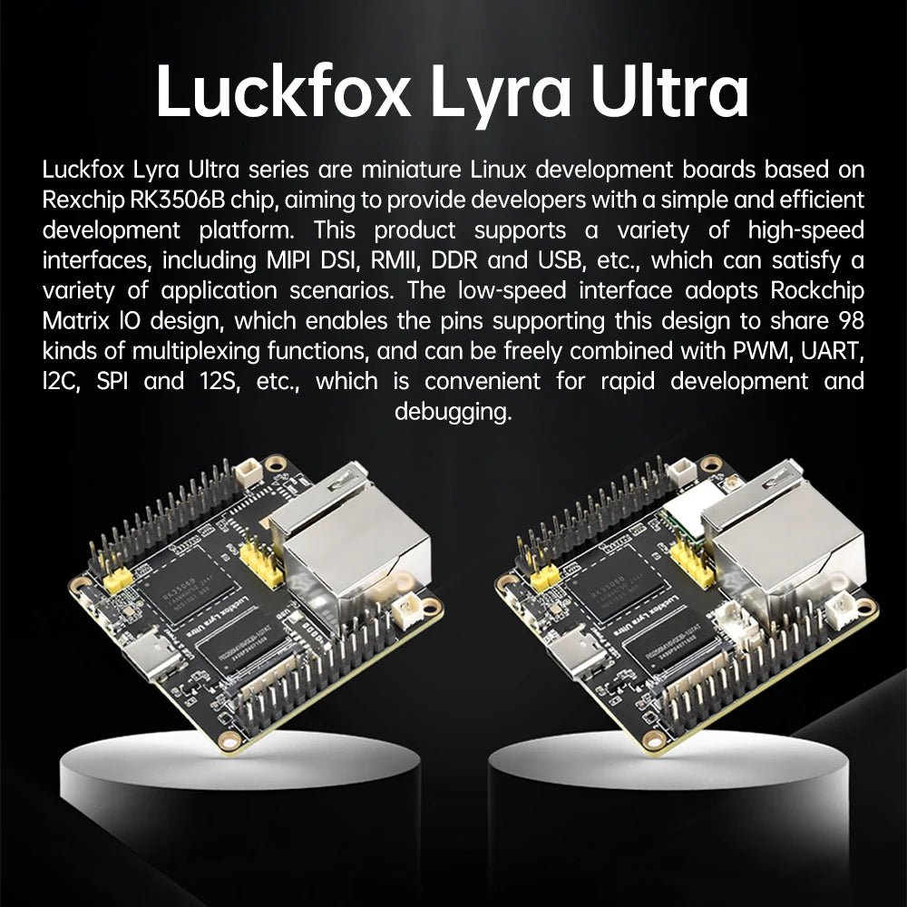 Placa Desarrollo Luckfox Lyra Ultra W (RK3506B, 8GB eMMC, WiFi6/PoE, Audio, DisplayPort, Linux)
