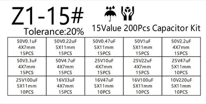 Kit Surtido Capacitores Electrolíticos Radiales 15 Valores (10V-50V, 0.1uF-220uF) (Lote 200 Unidades)