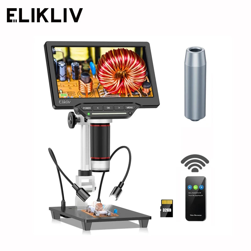 Elikliv EDM201 7'' 1300X Digital Microscope for Electronics HDMI Soldering Microscope with Extended Tube for TV Windows Mac