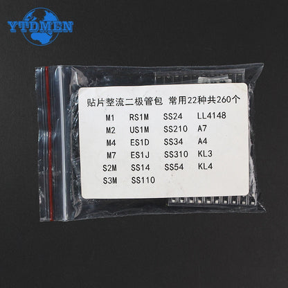 Kit Surtido Diodos Rectificadores SMD (Schottky/Switching) M1/M4/M7/SS14/SS24/RS1M/US1M/SS34/SS54/BAT54C/BAT54S/LL4148 (260 Piezas)