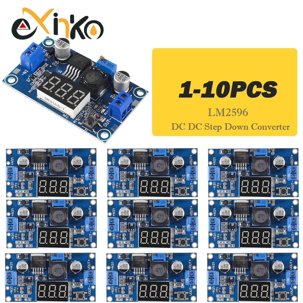 Lote 5/10 Pcs Módulo Convertidor Buck LM2596 DC-DC Step-Down con Voltímetro LED 4.0-40V a 1.3-37V
