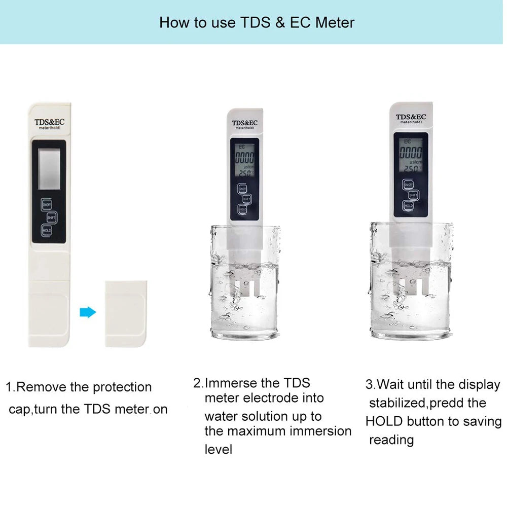 Medidor Digital Calidad Agua TDS/EC Multifuncional (Rango 0-9990 ppm) Pureza/Temperatura (1 Unidad, Blanco)
