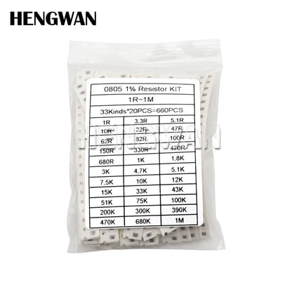 Kit Surtido Resistencias SMD 1% (0201-1206, 33 Valores x 20pcs = 660pcs, 1R-1M Ohm) Set Resistencia