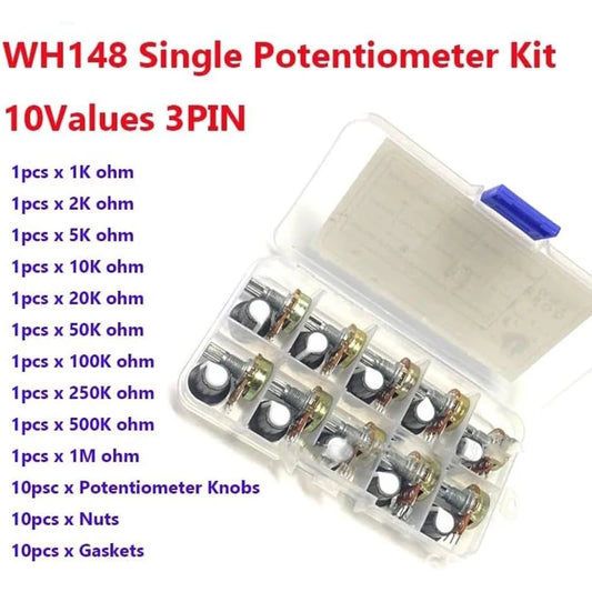 10 Sets 15MM WH148 Knurled Shaft 3 Terminals Linear Taper Rotary Potentiometer Assortment Kit B1K 2K 5K 10K 20K 50K 100K 250K 50