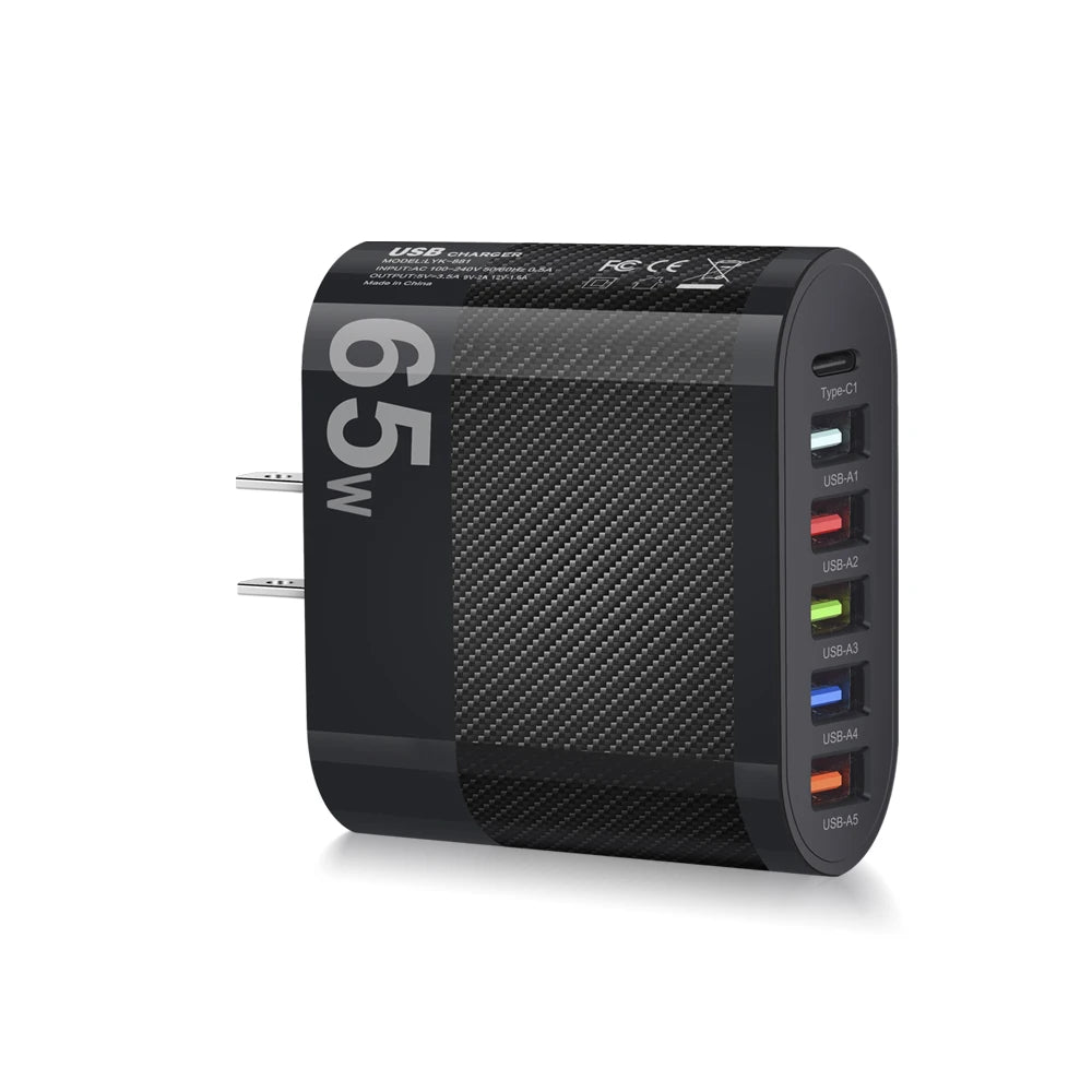 Cargador Pared USB Múltiple 6 Puertos 65W Carga Rápida Alta Velocidad (PD, QC 3.0) Adaptador Móvil para Huawei Mate 60/Xiaomi 13