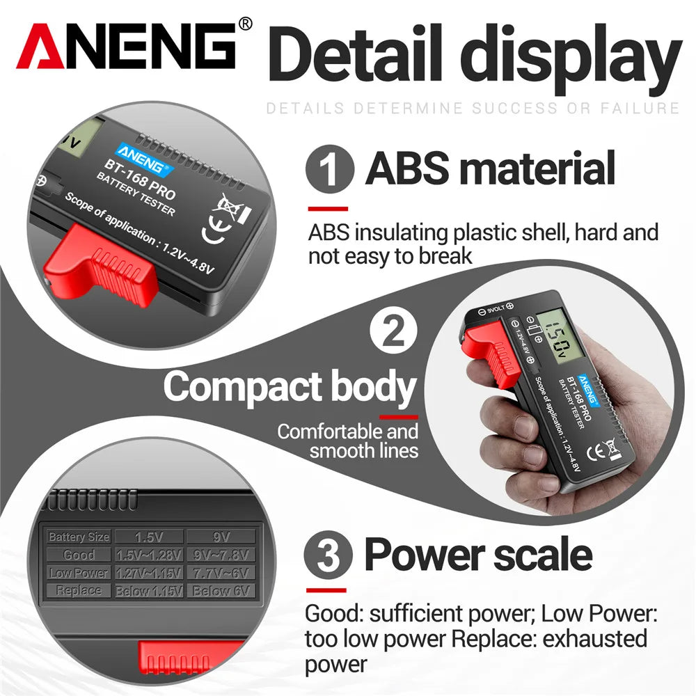 Probador Baterías Digital ANENG BT-168 PRO (Analizador Carga Capacidad) Universal para 9V/AAA/AA/Pila Botón
