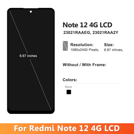 6.67'' Screen For Xiaomi Redmi Note 12 4G Note12 23021RAAEG LCD Display Touch Screen Replacement Digitizer Assembly with Frame