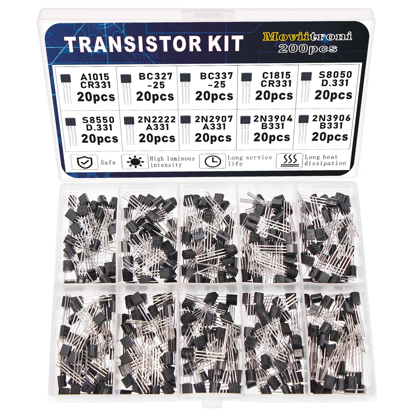 Kit Transistores BJT Potencia Bipolar (A1015/BC327/BC337/C1815/S8050/S8850/2N2222/2N2907/2N3904/2N3906, PNP/NPN) Kit Electrónico (200 Piezas)