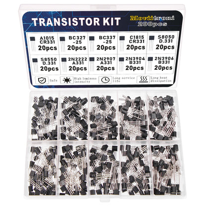 Kit Transistores BJT Potencia Bipolar (A1015/BC327/BC337/C1815/S8050/S8850/2N2222/2N2907/2N3904/2N3906, PNP/NPN) Kit Electrónico (200 Piezas)