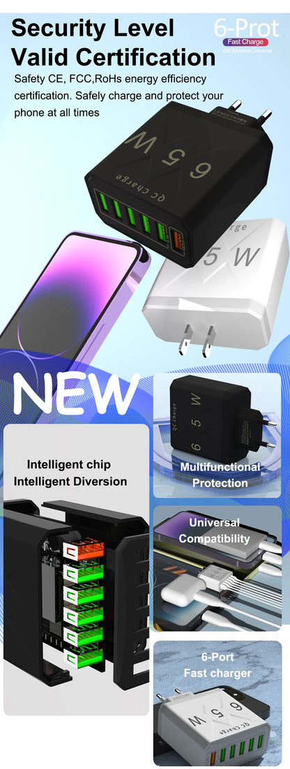 Adaptador Cargador Viaje Rápido USB 3.1A 6 en 1 Multi-Enchufe QC3.0 para iPhone 12/13/Samsung/Xiaomi