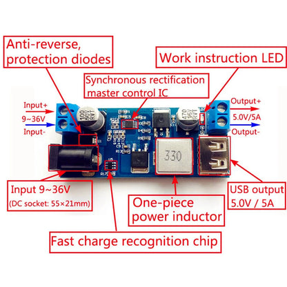 Módulo Convertidor Buck DC-DC 24V/12V a 5V 5A Step-Down Carga USB (Reemplazo LM2596S)