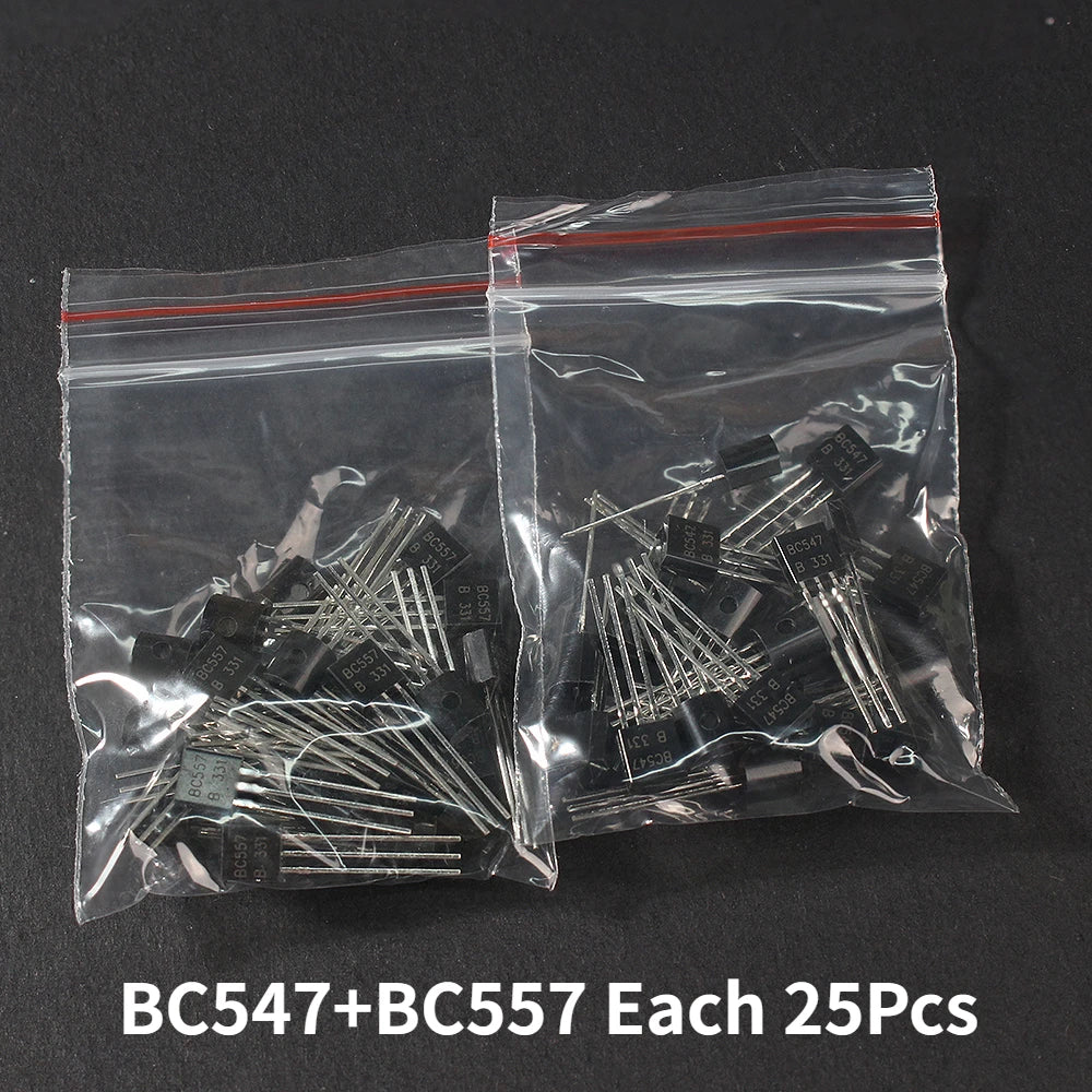 Kit Transistores NPN BC547B + PNP BC557B TO-92 (25 de c/u, Total 50 Piezas)
