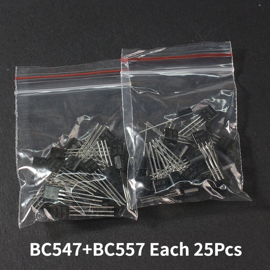 Kit Transistores NPN BC547B + PNP BC557B TO-92 (25 de c/u, Total 50 Piezas)