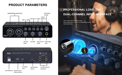 Interfaz de Audio USB Bomge U202 Preamplificador Micrófono XLR/TRS/TS 48V 32-bit/192kHz Grabación/Streaming
