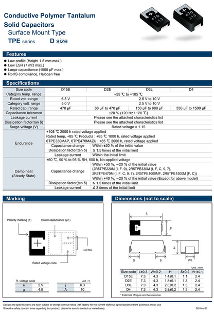 Capacitor Tántalo Sólido Polímero SMD POSCAP Tipo D (330uF, 6.3V, 7343) Bajo ESR (18/25mR) - Pack 10 Unidades