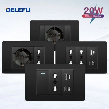 Enchufe Pared Delefu Italia/Chile PC Negro USB-C Carga Rápida + Schuko + Switch Smart Tuya WiFi + SAT/TV/TEL/Timbre