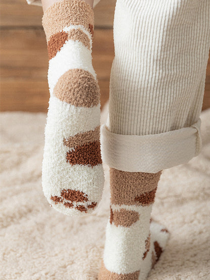 Calcetines Blancos Mujer Felpa Cálidos Diseño Kawaii Cartoon Patita Gato/Perro 3D Divertidos para Casa/Dormir