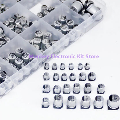 Kit Surtido Capacitor Electrolítico Aluminio SMD (1uF-1000uF, 6.3V-50V, 24 Valores) con Caja - Pack 400 Piezas