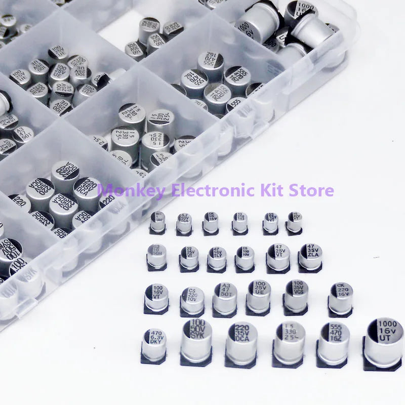 Kit Surtido Capacitores Electrolíticos SMD Aluminio (1uF-1000uF, 6.3V-50V, 24 Valores) con Caja Reparación (400 Piezas)
