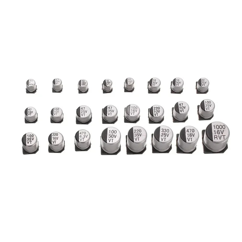 Kit Surtido Capacitor Electrolítico Aluminio SMD (1uF-1000uF, 6.3V-50V, 24 Valores) - Pack 400 Piezas