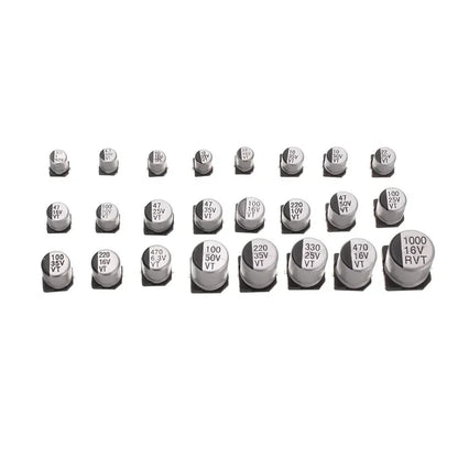 Kit Surtido Capacitor Electrolítico Aluminio SMD (1uF-1000uF, 6.3V-50V, 24 Valores) - Pack 400 Piezas