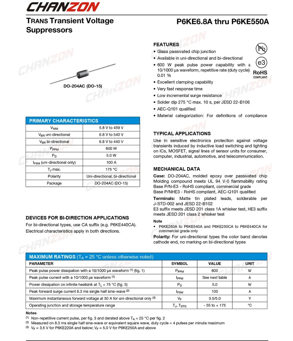 Diodo TVS 600W DO-15 P6KE - Varios Voltajes (6.8A a 400A) - Pack 50 Piezas
