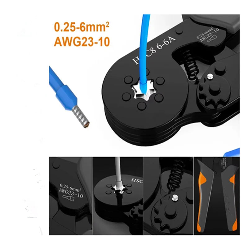 Kit Herramienta Crimpado Terminales Ferrules Hexagonal Autoajustable (23-10AWG, 0.25-6mm²) con 400-2000 Terminales Cable