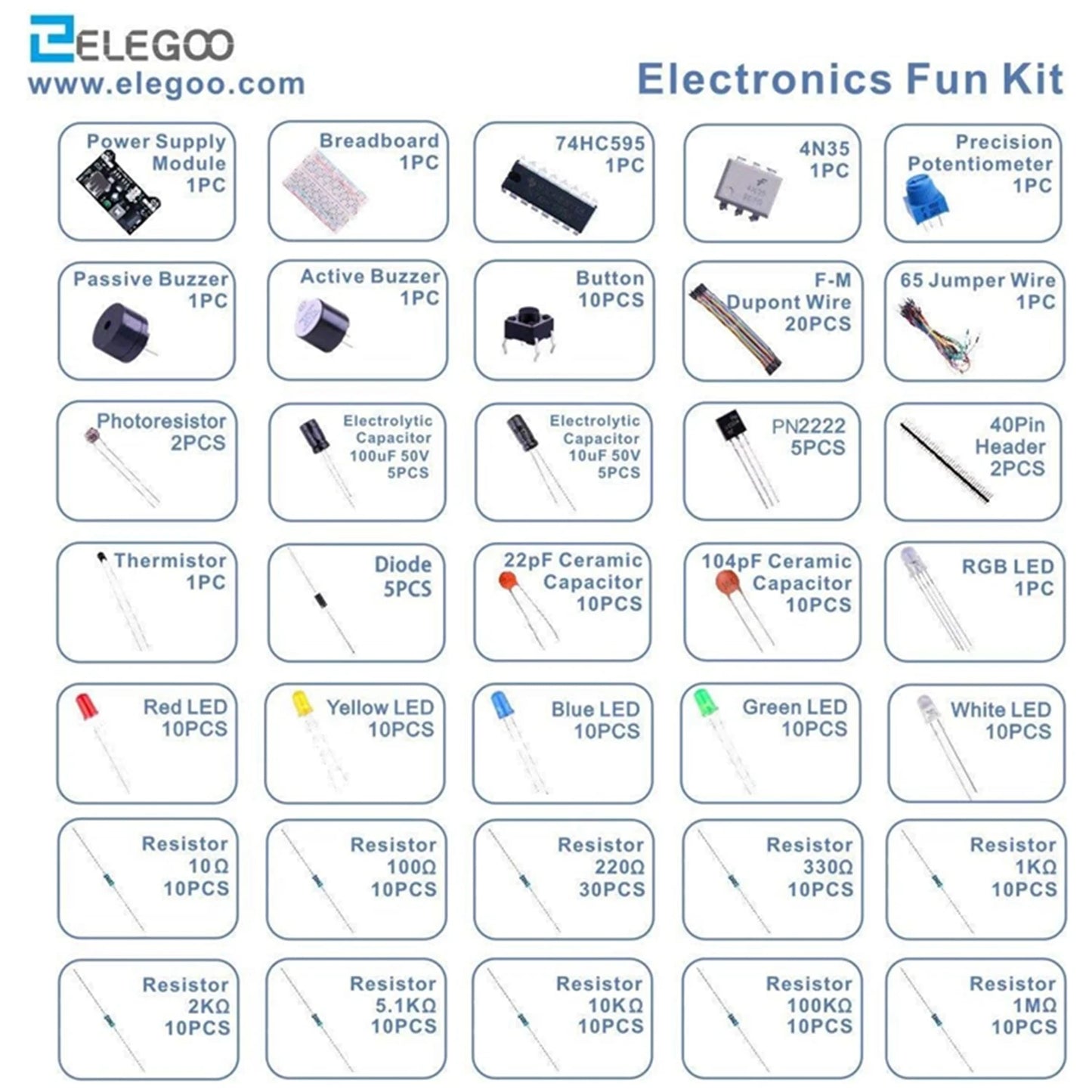 Kit Diversión Electrónica ELEGOO para Arduino (235 Items: Protoboard, Cables, Resistencias, Capacitores, LEDs, Potenciómetros)