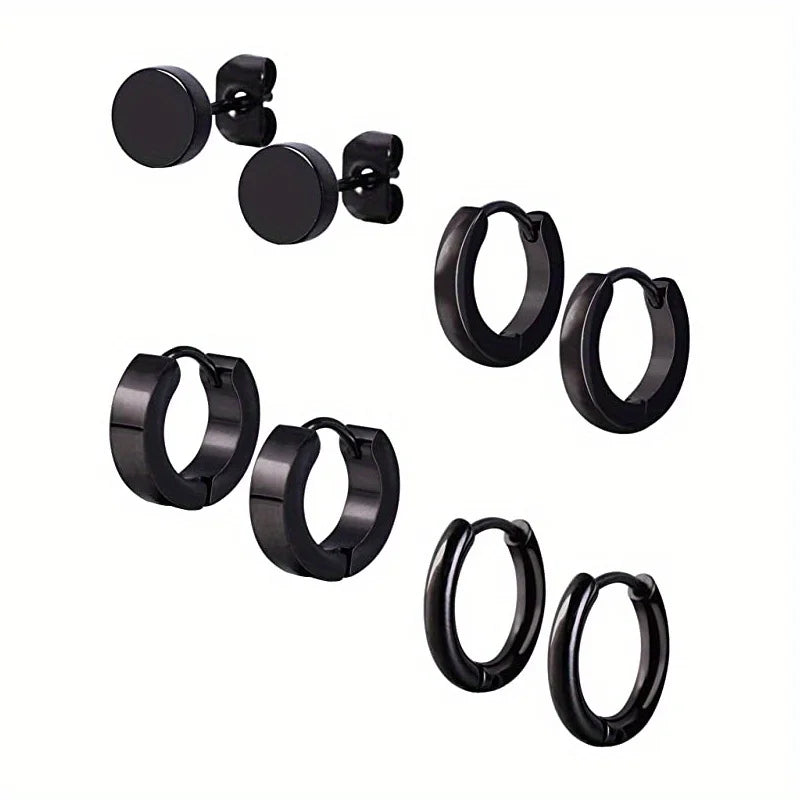 Set 4 Pares Pendientes Hombre (Acero Inoxidable Negro, Tacos y Aros) Duradero, Versátil, Hipoalergénico