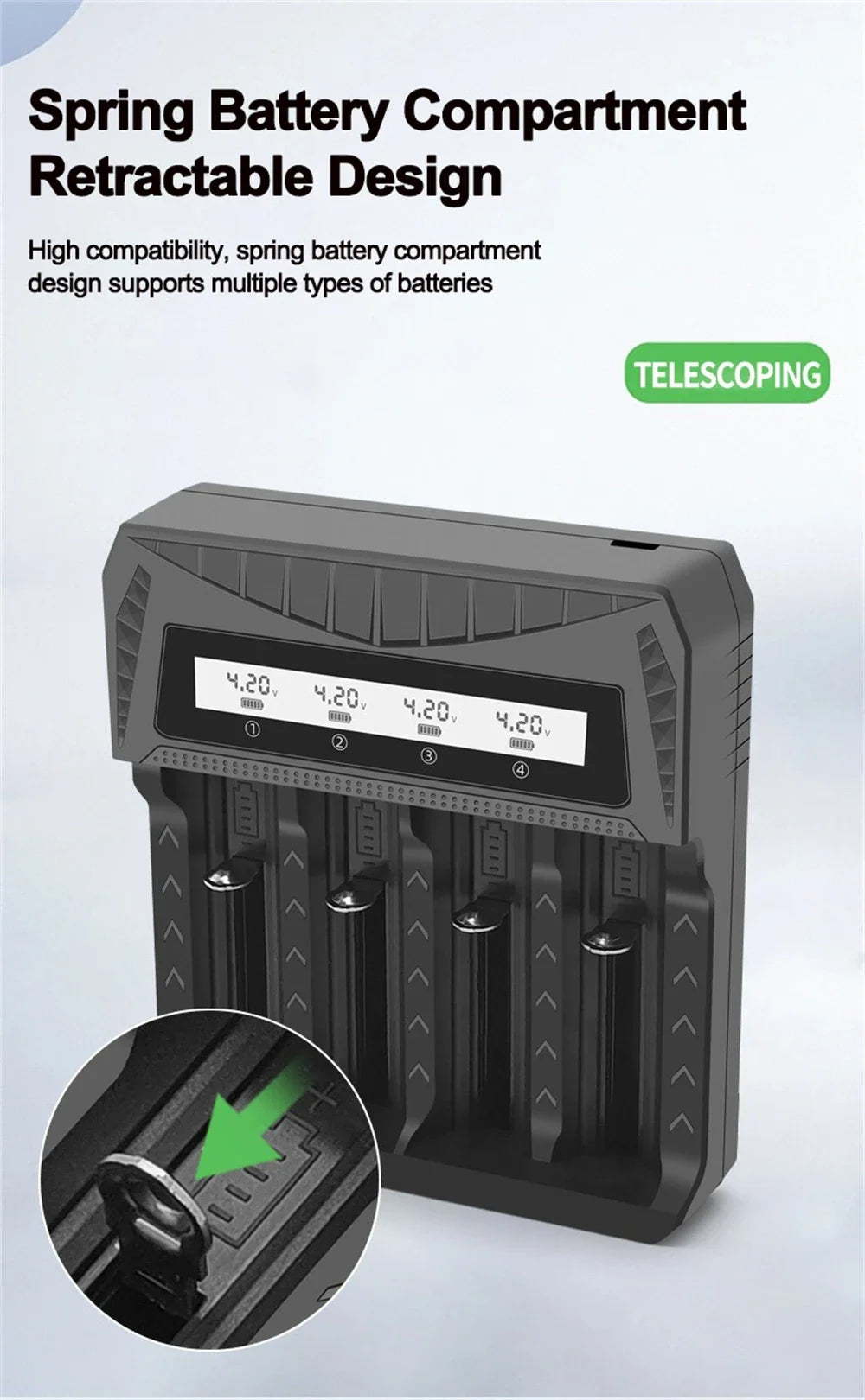 Cargador USB Inteligente Baterías LCD (1/2/4 Ranuras) para Litio Recargable 18650 (4.2V) / Ni-MH AA/AAA (1.2V)