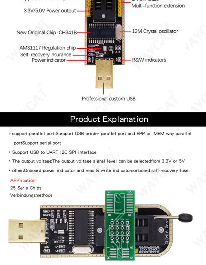 Kit Programador USB CH341 24/25 Series EEPROM Flash BIOS + Clip Test SOIC8/SOP8
