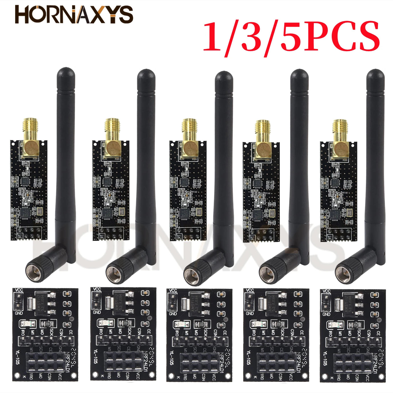 Módulo Transceptor RF Inalámbrico NRF24L01+PA+LNA (2.4G, 1100m) con Antena y Adaptador Breakout 3.3V (5 Unidades)